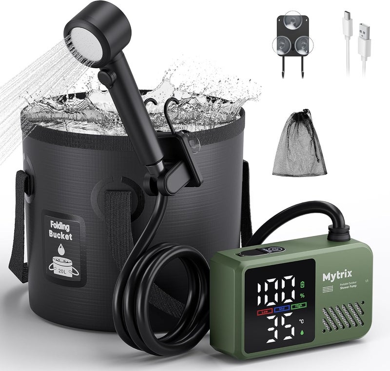 Mytrix Portable Camping Shower Pump with Foldable Bucket, 10L/Min High Flow, 7800mAh Rechargeable Battery, 4 Spray Modes, IPX8 Waterproof Outdoor Shower for Hiking, Travel & Pets - Image 1
